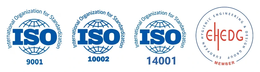 ISO 9001, ISO 10002, ISO 14001 ve EHEDG Member logoları